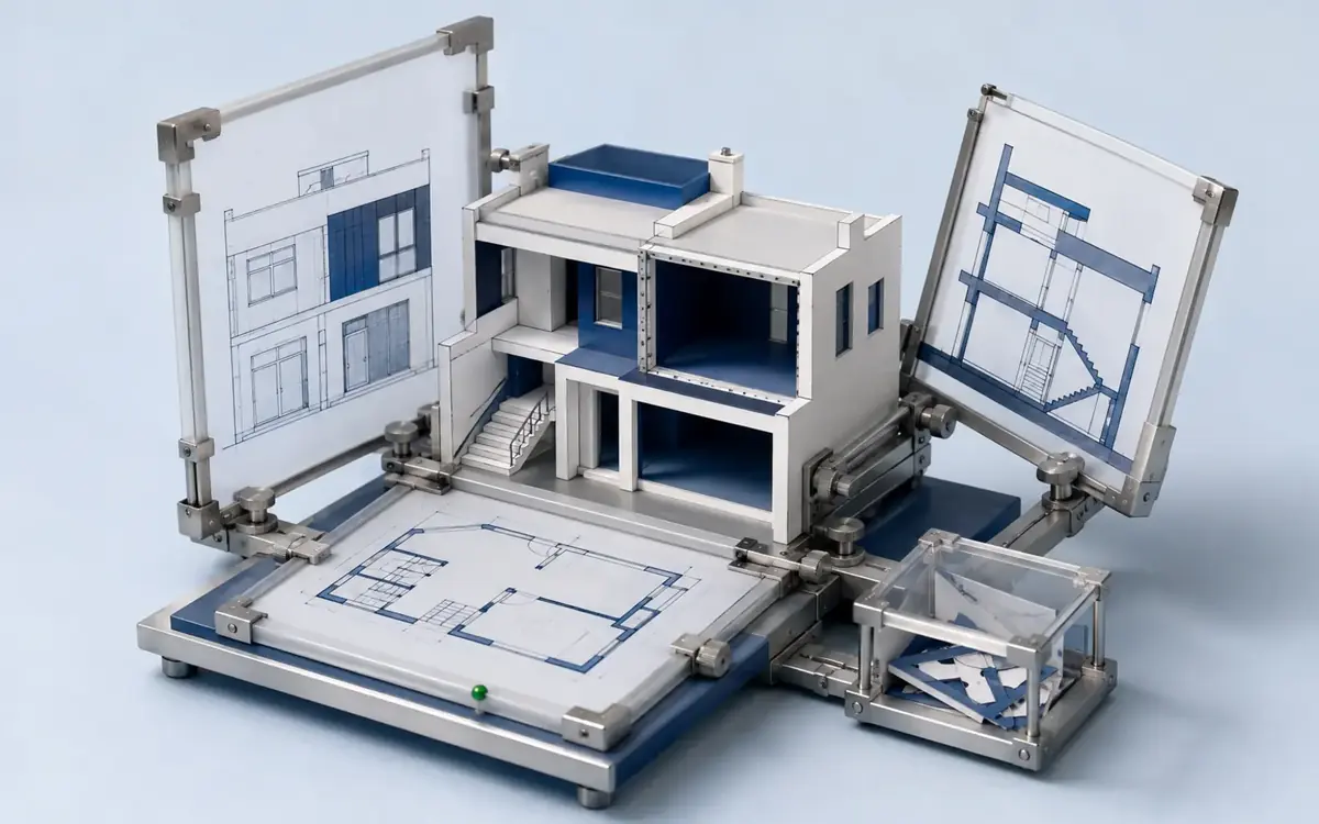 Plan, elevation and section sources registered to one architectural model with unresolved depth left visibly open