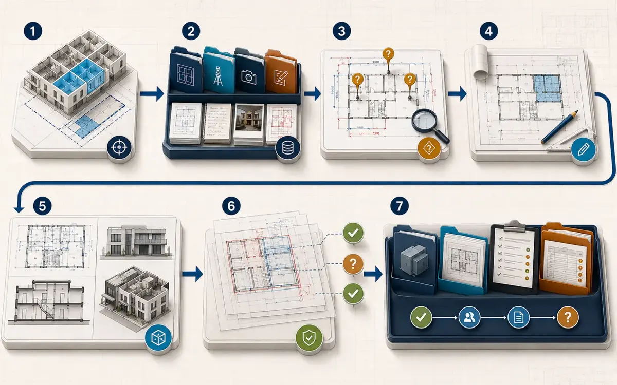 Seven-stage as-built workflow from defined scope and source registration through discrepancy review, production, evidence comparison and controlled handover