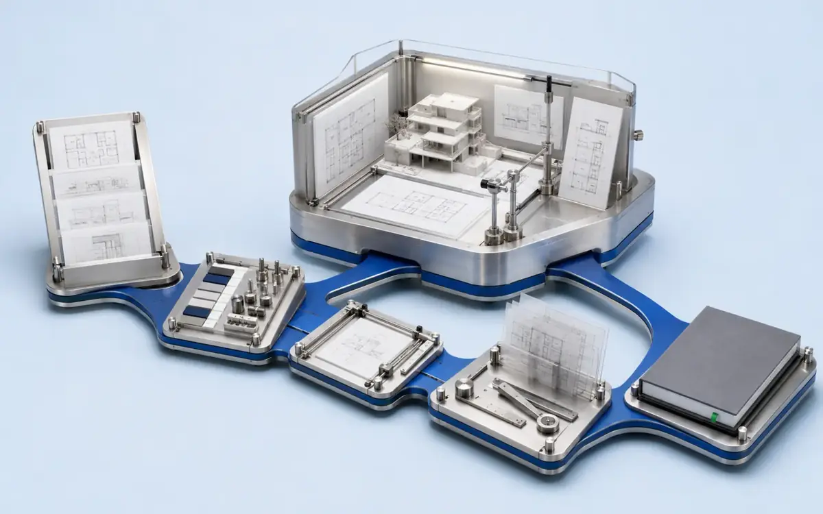 Six connected drafting stages from drawing-package mapping and CAD setup through cross-view review and final delivery