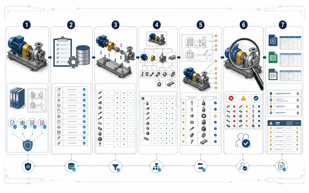 Seven-stage BOM workflow covering purpose definition, data rules, extraction, hierarchy building, model reconciliation, human review and controlled delivery