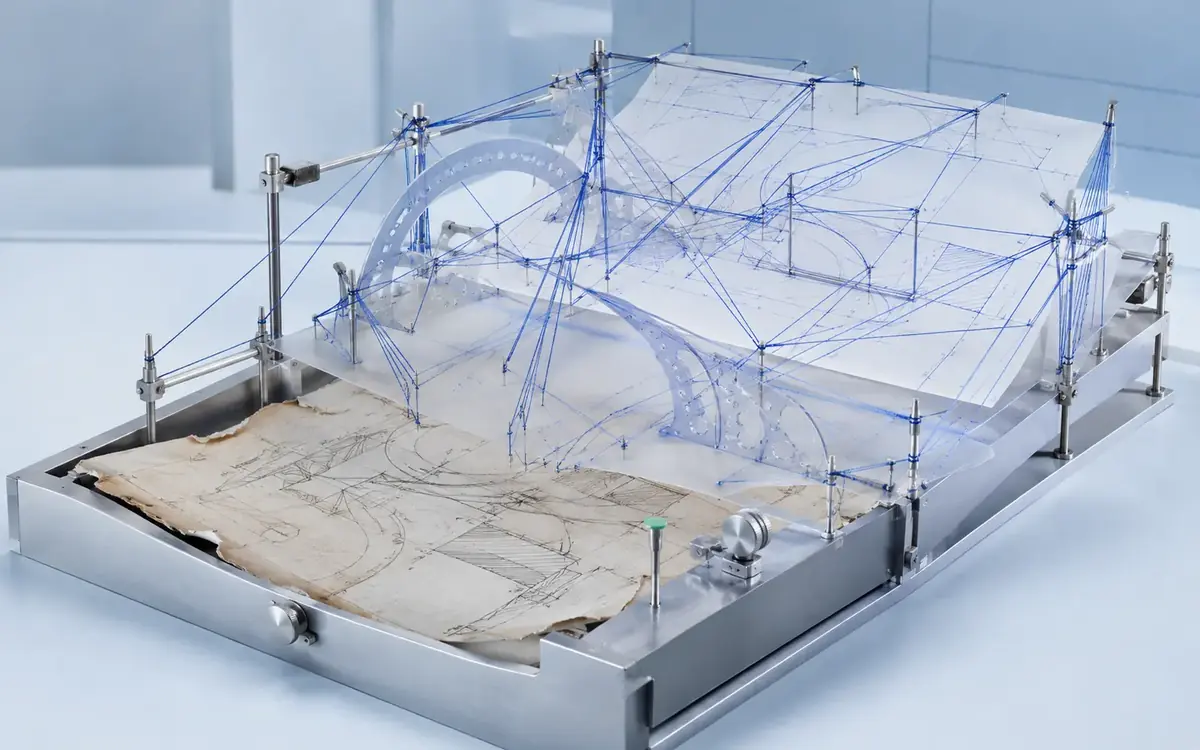 Damaged and distorted source drawing rebuilt through a controlled manual CAD reconstruction frame