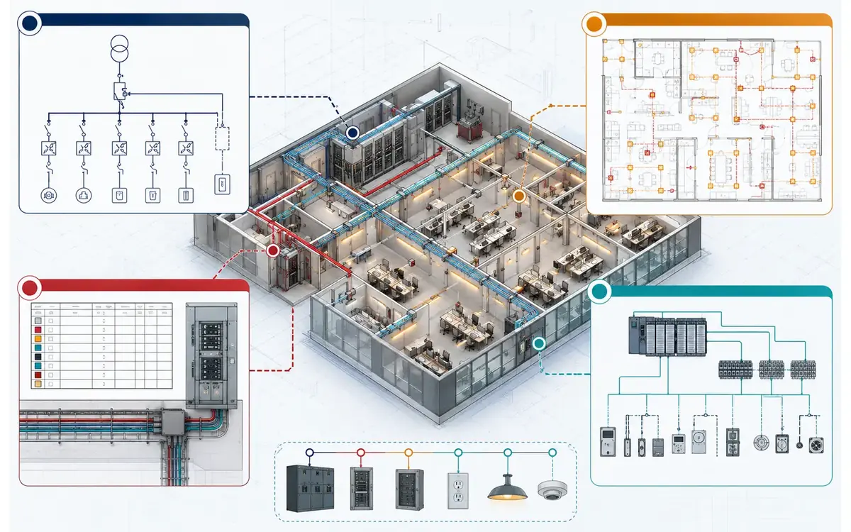 Commercial electrical package connecting a distribution diagram, lighting and power layout, panel schedule with cable routes and control schematic