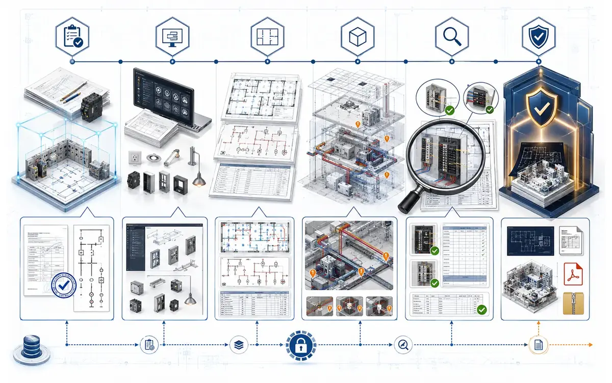 Six-stage electrical documentation workflow from approved authority and project setup through production, coordination, expert checking and client approval