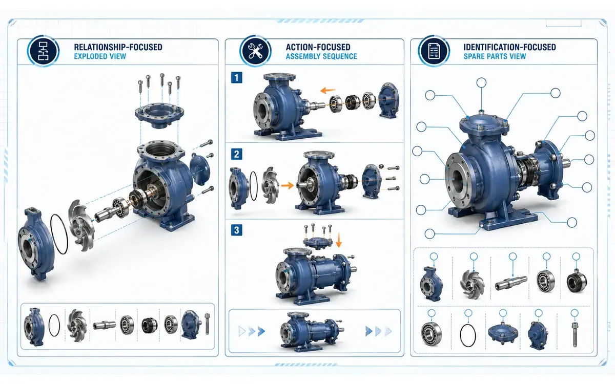 Comparison of relationship-focused exploded view, staged assembly sequence and spare-parts identification view for the same industrial pump