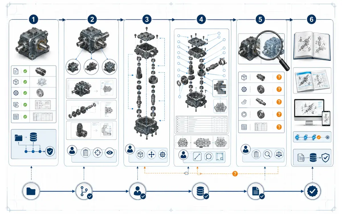Six-stage assembly illustration workflow from source review and communication planning through exploded configuration, composition, human checking and controlled publication