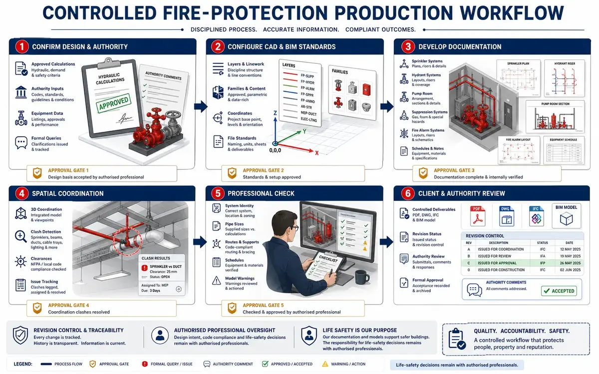 Six-stage fire-protection workflow covering design authority, CAD and BIM standards, documentation, spatial coordination, professional checking and authority review