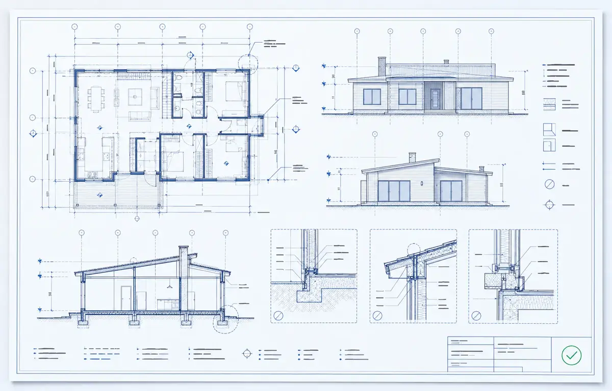 Organised architectural CAD sheet with a floor plan, elevations, section and construction details