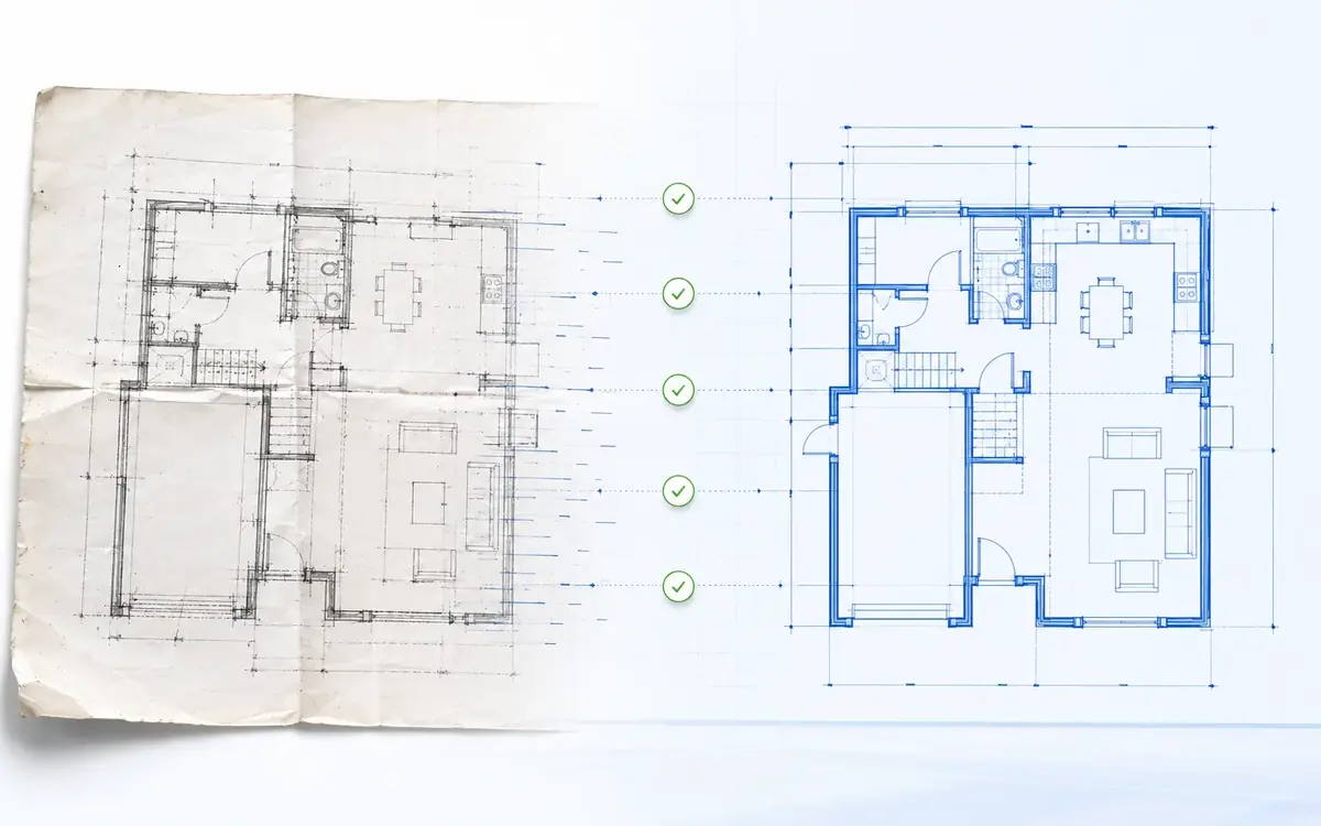 A worn scanned floor plan being converted into a clean structured CAD drawing