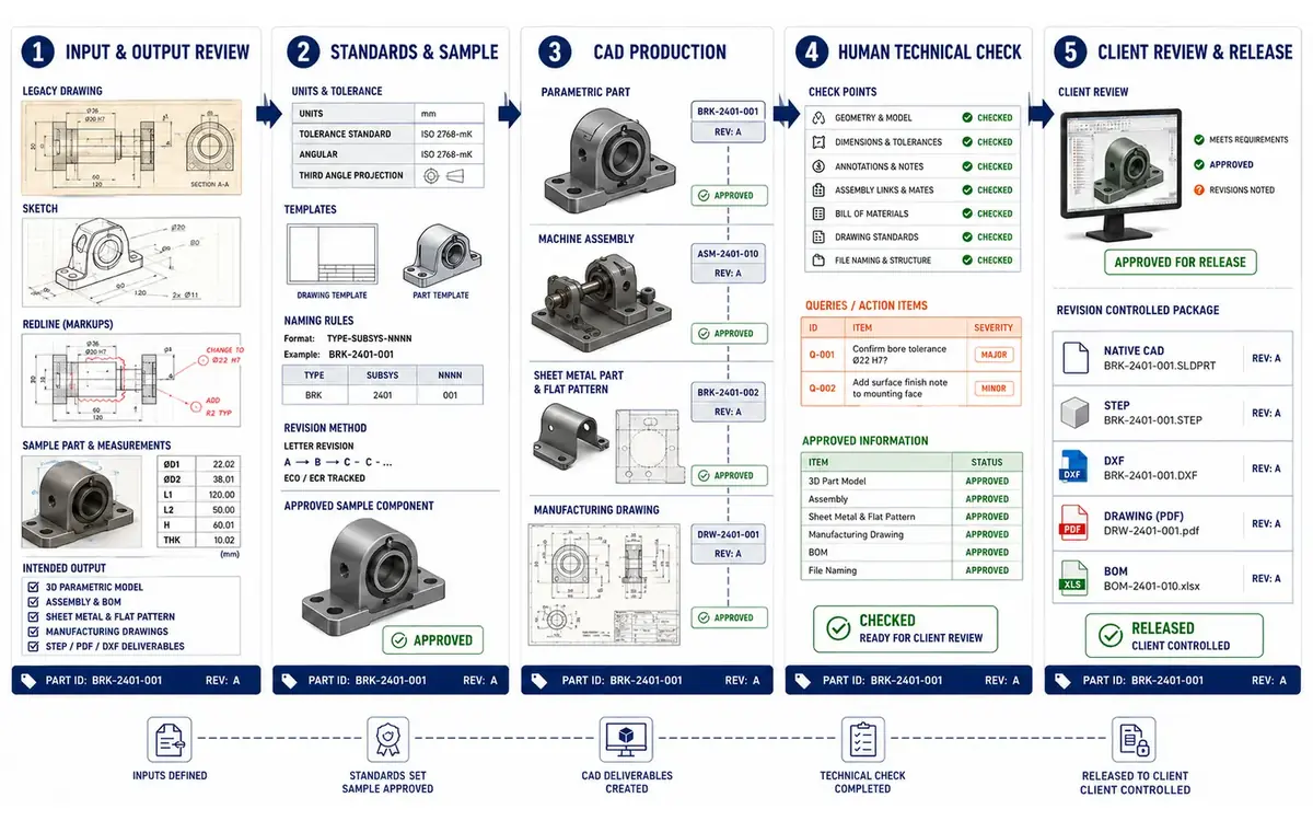 Five-stage mechanical CAD workflow from input and output review through standards setup, CAD production, human technical checking and client-controlled release