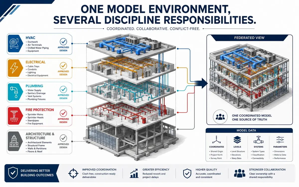 Federated building-services model connecting HVAC, electrical, plumbing, fire-protection, architectural and structural discipline responsibilities