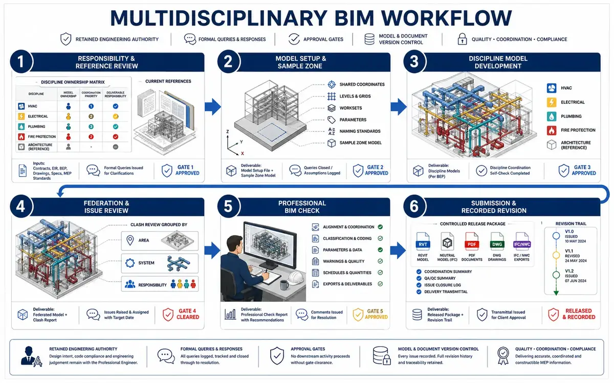 Six-stage multidisciplinary BIM workflow from responsibility review and model setup through discipline development, federation, professional checking and recorded revision