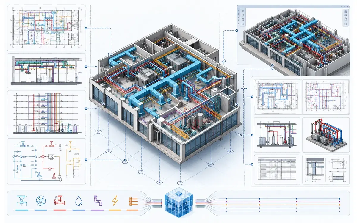 Commercial floor MEP environment connecting coordinated 2D plans, sections, risers and schematics with an integrated multidisciplinary BIM model