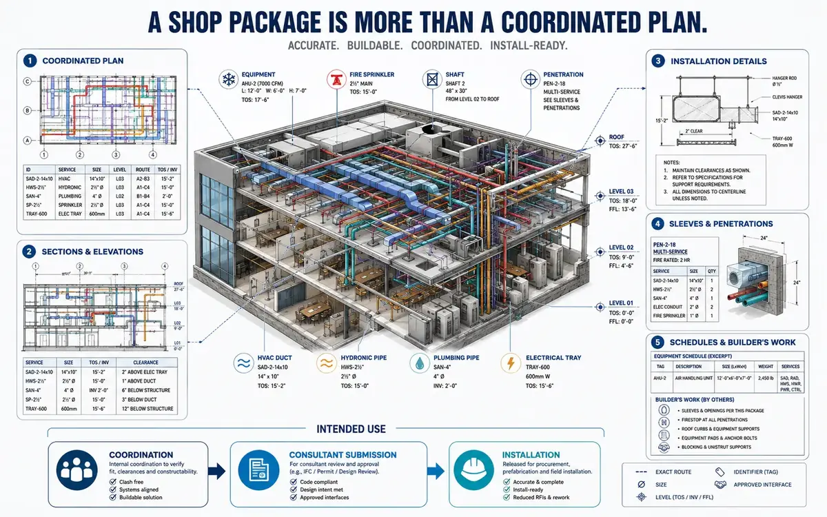 Coordinated MEP shop package connecting plans, sections, installation details, sleeves, penetrations, schedules and builder’s-work information