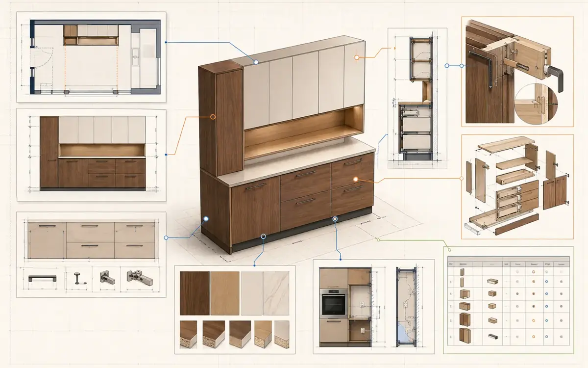 Custom cabinet assembly connected to its room plan, elevation, section, joint detail, exploded view, materials, hardware and unit schedule