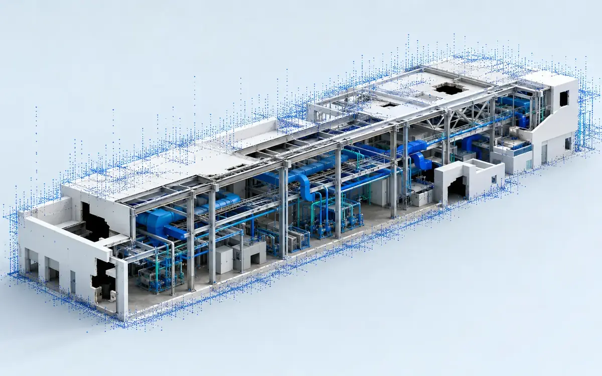 Existing industrial interior reconstructed from point-cloud evidence with architectural shell, visible structure and coordinated MEP routes