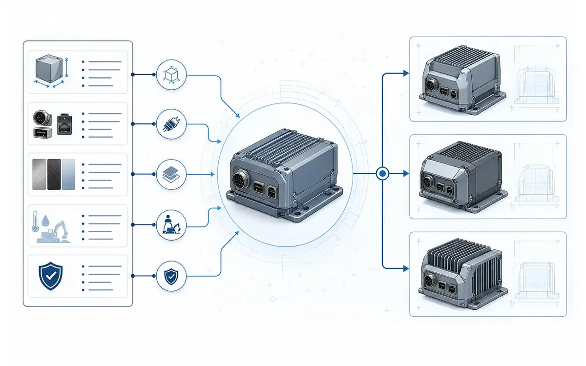 Product development map connecting dimensional, interface, material, user and safety requirements to a central enclosure concept and three testable CAD directions