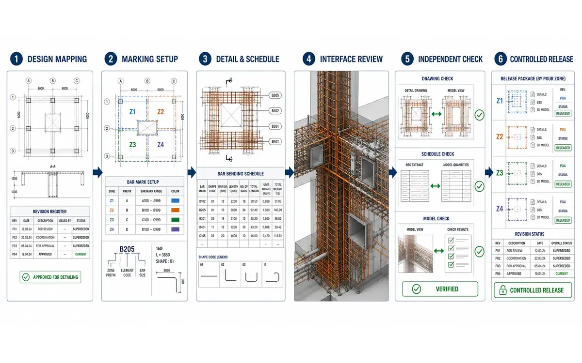 Six-stage rebar detailing workflow from design mapping and marking setup through detailing, interface review, independent checking and controlled release