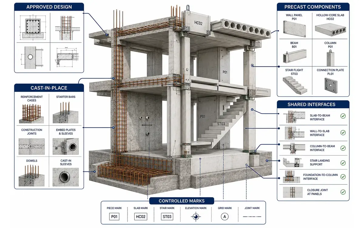 Hybrid cast-in-place and precast concrete structure connecting approved design, reinforcement, components, shared interfaces and controlled element marks