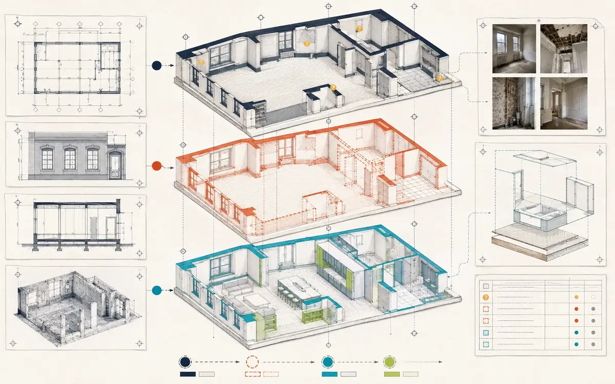 Three coordinated renovation states showing existing conditions, demolition work and proposed construction linked to survey drawings and evidence