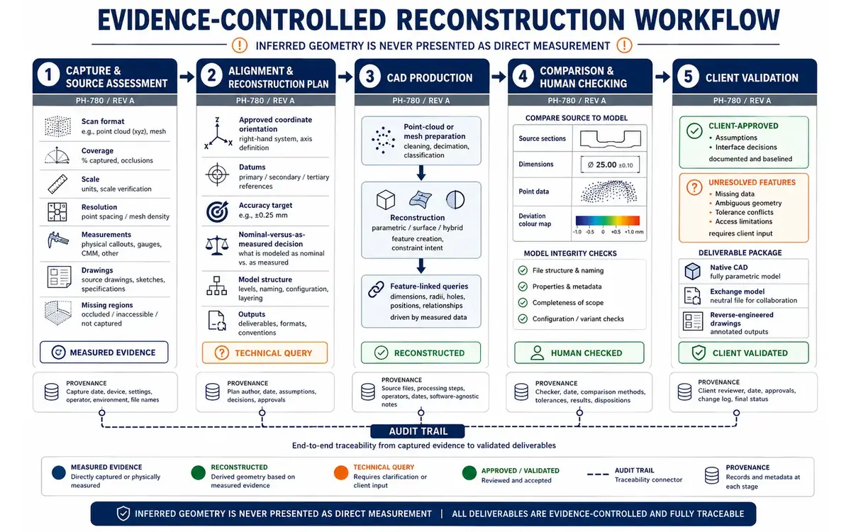 Five-stage evidence-controlled scan-to-CAD workflow from source assessment and alignment planning through reconstruction, human comparison and client validation