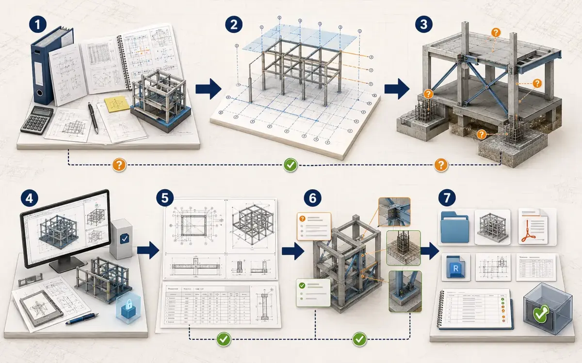 Seven-stage structural production workflow from authorised engineering inputs and framework setup through controlled modeling, coordinated review, engineer-comment incorporation and status-based handover