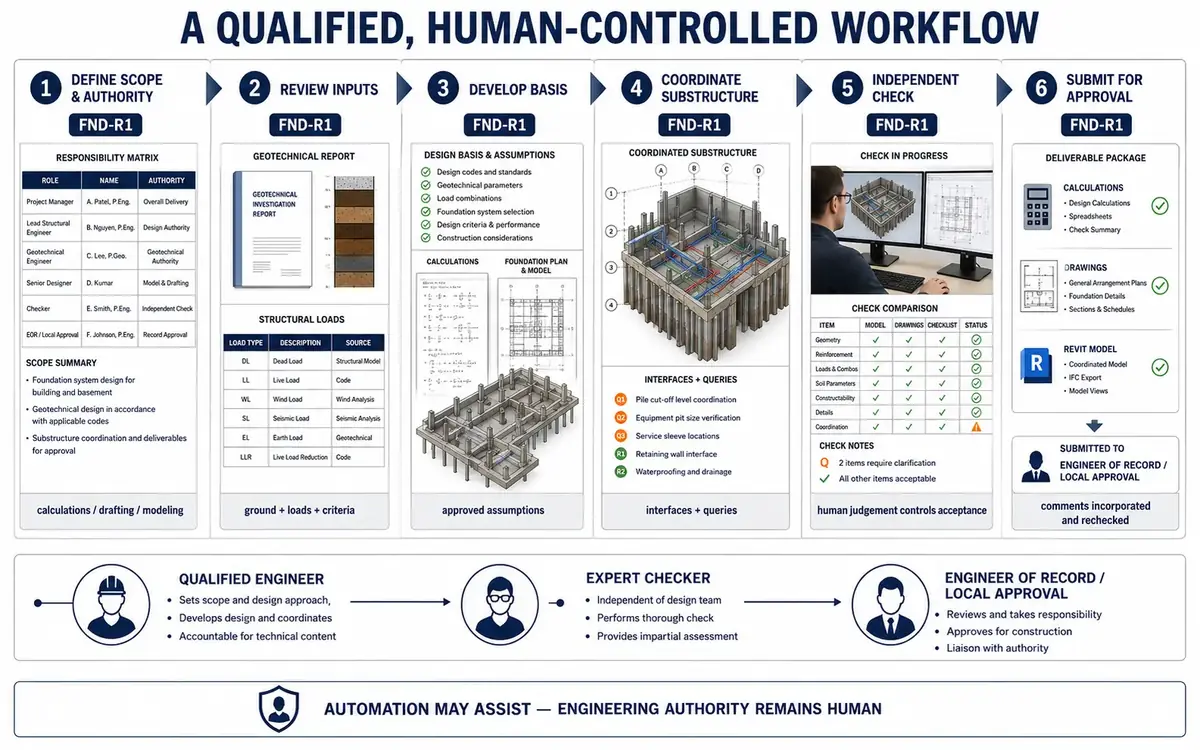 Six-stage human-controlled foundation workflow from scope and authority definition through input review, basis development, substructure coordination, independent checking and project approval